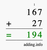 Calculate 167 + 27 using long addition