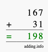 Calculate 167 + 31 using long addition