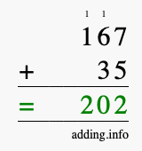 Calculate 167 + 35 using long addition
