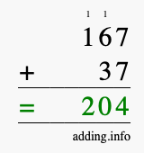 Calculate 167 + 37 using long addition