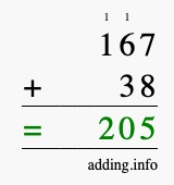Calculate 167 + 38 using long addition