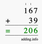 Calculate 167 + 39 using long addition