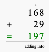 Calculate 168 + 29 using long addition