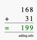 Calculate 168 + 31 using long addition