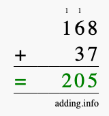 Calculate 168 + 37 using long addition