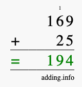 Calculate 169 + 25 using long addition