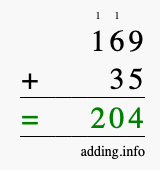 Calculate 169 + 35 using long addition