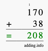 Calculate 170 + 38 using long addition