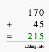 Calculate 170 + 45 using long addition