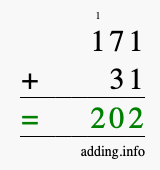Calculate 171 + 31 using long addition