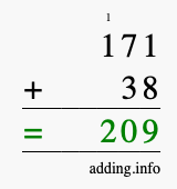 Calculate 171 + 38 using long addition