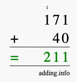Calculate 171 + 40 using long addition