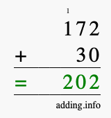 Calculate 172 + 30 using long addition
