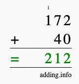Calculate 172 + 40 using long addition