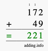 Calculate 172 + 49 using long addition
