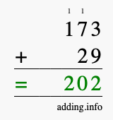 Calculate 173 + 29 using long addition