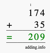 Calculate 174 + 35 using long addition
