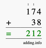 Calculate 174 + 38 using long addition