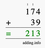 Calculate 174 + 39 using long addition