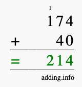 Calculate 174 + 40 using long addition