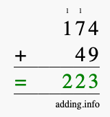 Calculate 174 + 49 using long addition