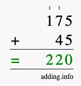 Calculate 175 + 45 using long addition