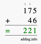 Calculate 175 + 46 using long addition