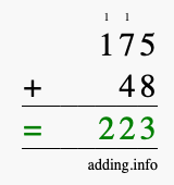 Calculate 175 + 48 using long addition
