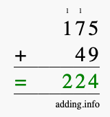 Calculate 175 + 49 using long addition