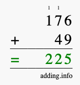 Calculate 176 + 49 using long addition