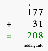 Calculate 177 + 31 using long addition