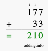 Calculate 177 + 33 using long addition