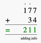 Calculate 177 + 34 using long addition