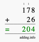 Calculate 178 + 26 using long addition