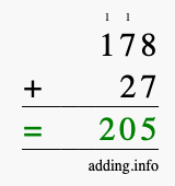 Calculate 178 + 27 using long addition