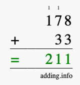 Calculate 178 + 33 using long addition