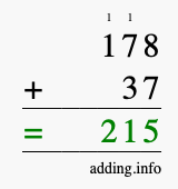 Calculate 178 + 37 using long addition