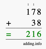 Calculate 178 + 38 using long addition