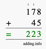 Calculate 178 + 45 using long addition
