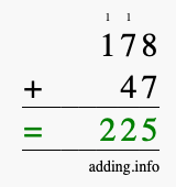 Calculate 178 + 47 using long addition
