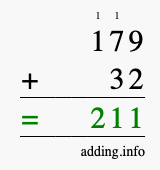 Calculate 179 plus 32 using long addition Calculate 179 + 32 using long addition