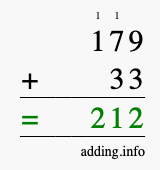 Calculate 179 + 33 using long addition