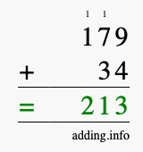 Calculate 179 + 34 using long addition