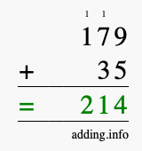 Calculate 179 + 35 using long addition
