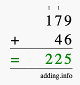 Calculate 179 + 46 using long addition