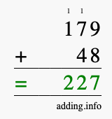 Calculate 179 + 48 using long addition