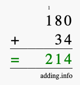 Calculate 180 + 34 using long addition
