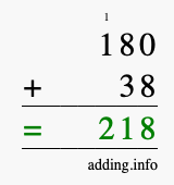 Calculate 180 + 38 using long addition