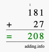 Calculate 181 + 27 using long addition