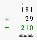 Calculate 181 + 29 using long addition